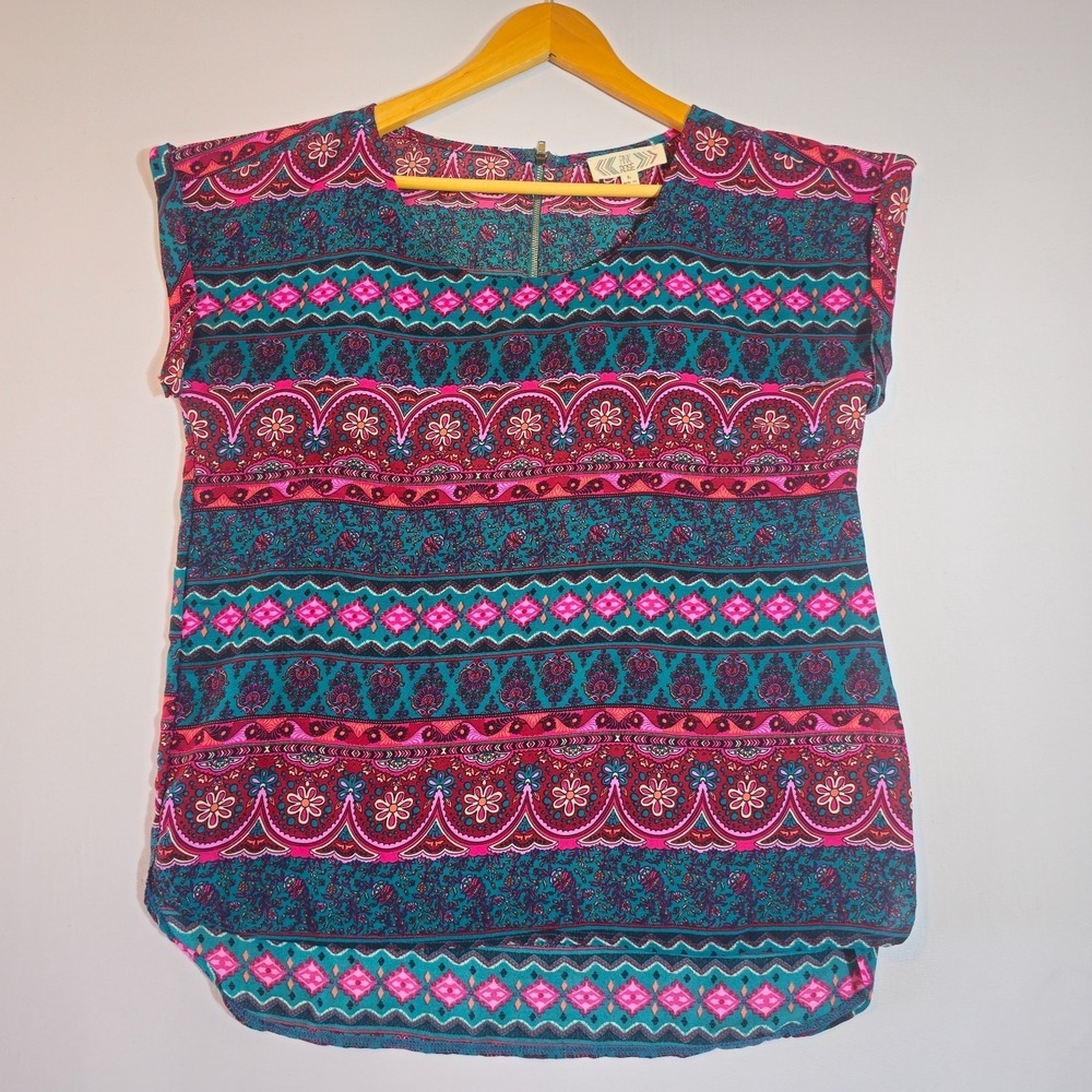 Pink Rose Blouse Top Womens Large Multicolor Geometric Cuffed Sleeve Bohemian